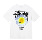White Stussy graphic T-shirt with blue-yellow flower front print