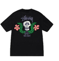 Black T-shirt with skull graphic, green laurel and pink flower front print