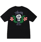 Black T-shirt with skull graphic, green laurel and pink flower front print