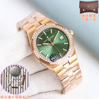 Gold-toned wristwatch with green dial, diamond bezel, and link bracelet