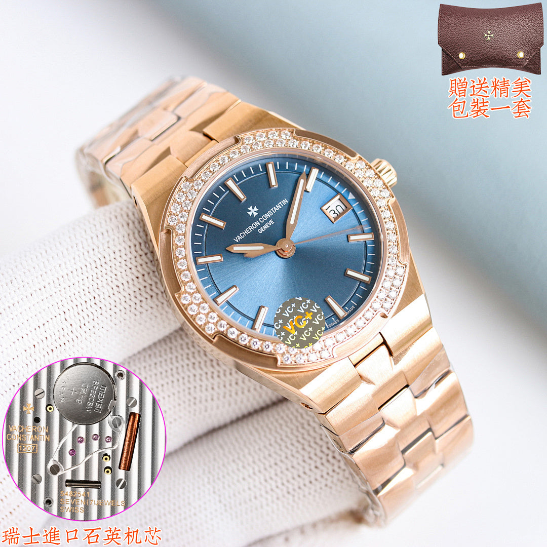 Gold-toned wristwatch with blue dial, diamond bezel, and link bracelet