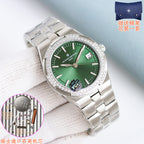 Silver wristwatch with green dial, diamond bezel, and metal link bracelet