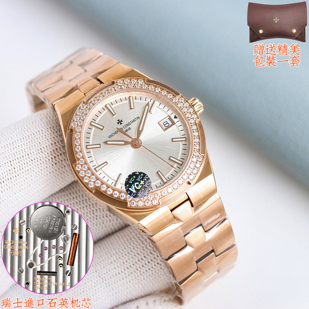 Gold-tone Vacheron Constantin wristwatch with diamond bezel and white dial on link bracelet