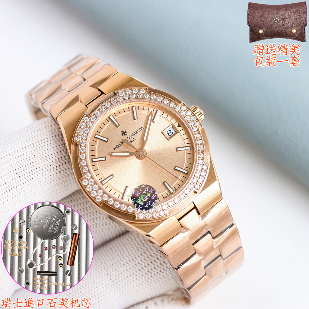 Gold-tone Vacheron Constantin wristwatch with diamond bezel and champagne dial on link bracelet
