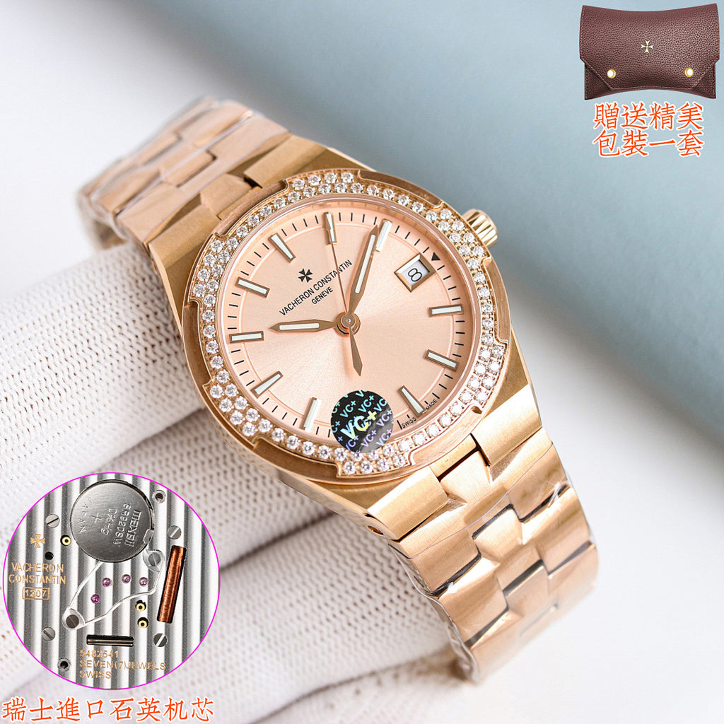 Gold-tone Vacheron Constantin wristwatch with diamond bezel and light champagne dial on link bracelet