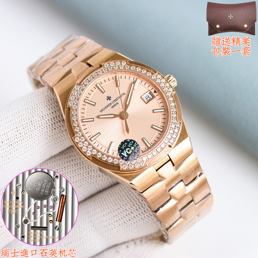 Gold-tone Vacheron Constantin wristwatch with diamond bezel and light champagne dial on link bracelet