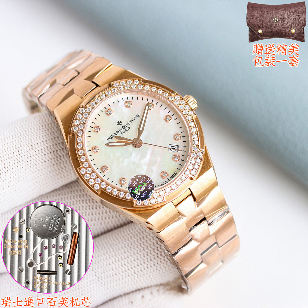 Gold-tone Vacheron Constantin wristwatch with diamond bezel and white mother-of-pearl dial