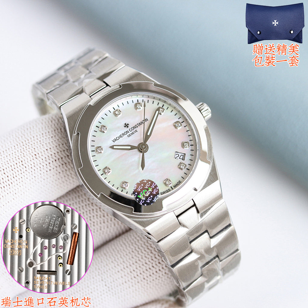 Stainless steel wristwatch with white dial, date window, and stick markers.