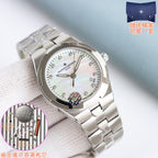 Stainless steel wristwatch with white dial, date window, and stick markers.