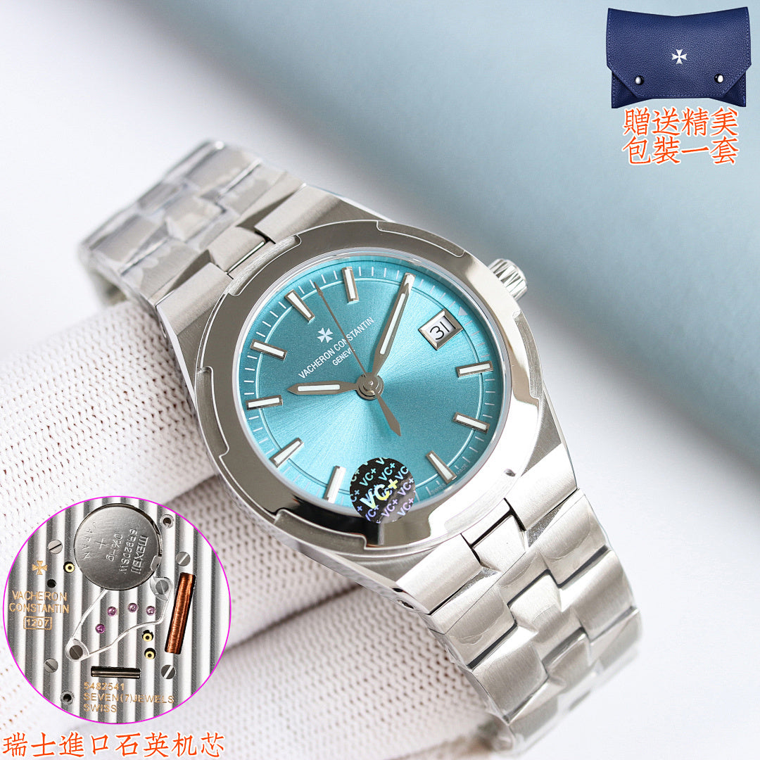 Stainless steel wristwatch with blue dial and three hands on a link bracelet.