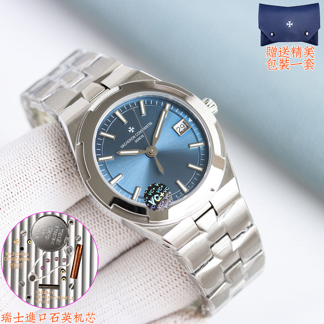 Stainless steel wristwatch with blue dial and date display on a link bracelet.