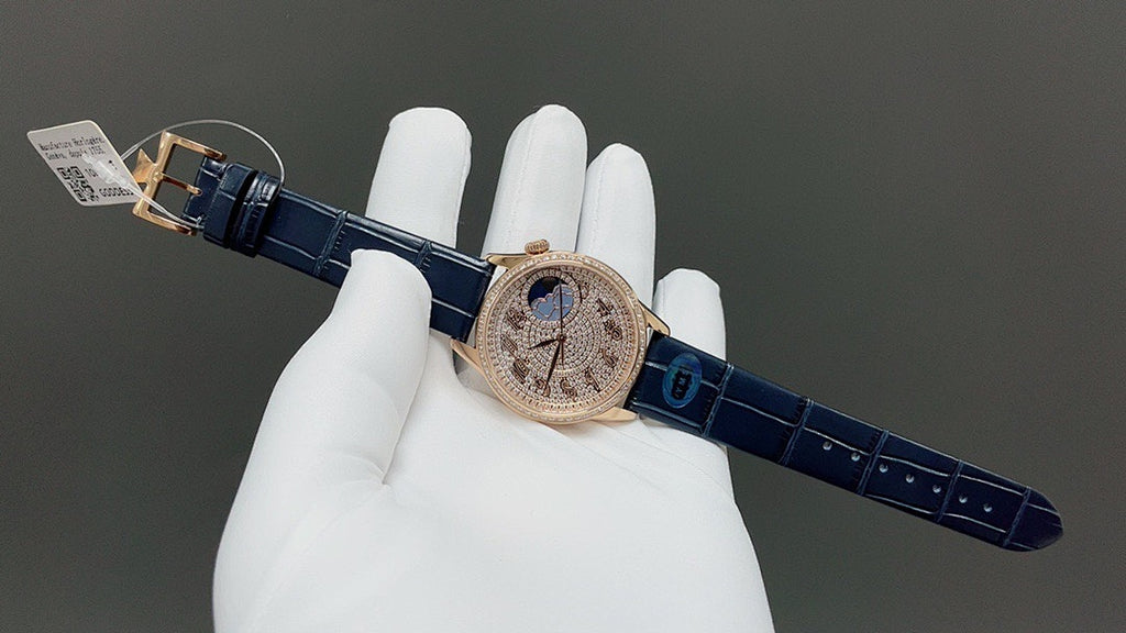 Vacheron Constantin watch angled view with blue leather strap and rose-gold tone case