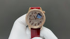 Vacheron Constantin watch front view with blue dial and red leather strap