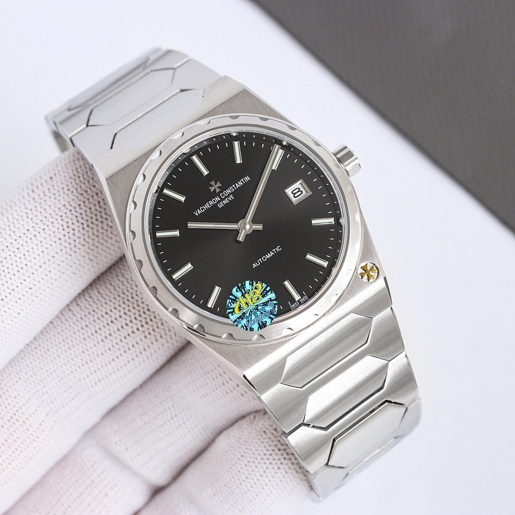 Vacheron Constantin wristwatch with black dial and faceted steel bracelet