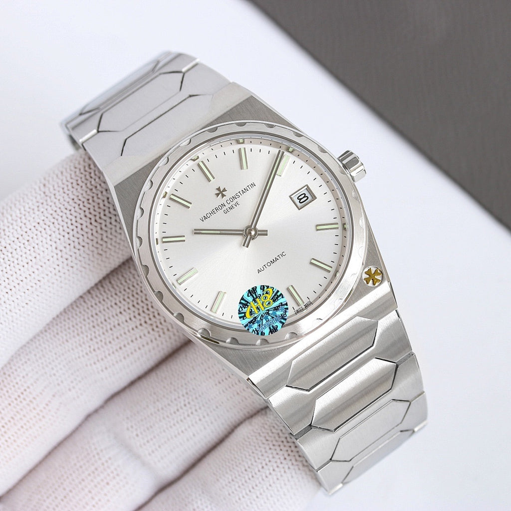 Vacheron Constantin wristwatch with white dial and steel link bracelet