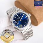 Vacheron Constantin watch with blue dial and crystal bezel, metal bracelet