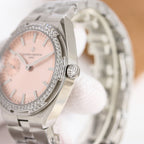 Vacheron Constantin watch with pale pink dial, crystal bezel, metal bracelet