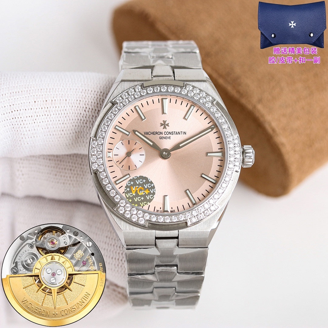 Vacheron Constantin watch with pale pink dial, crystal bezel, metal bracelet