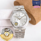 Vacheron Constantin watch with white dial, crystal-studded bezel, metal bracelet