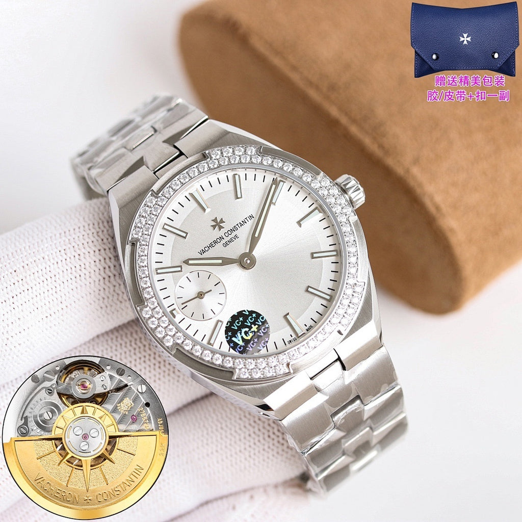 Vacheron Constantin watch with white dial, crystal bezel, metal bracelet and crown