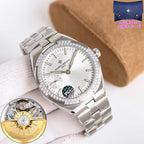 Vacheron Constantin watch with white dial, crystal bezel, metal bracelet and crown