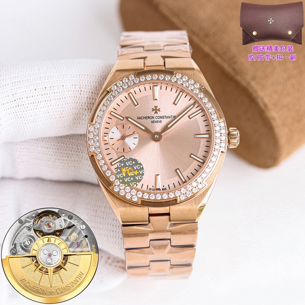 Rose-gold-tone wristwatch with diamond bezel, white dial, and metal link bracelet