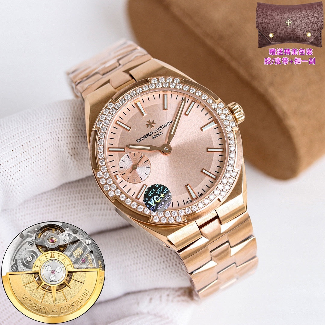 Rose-gold-tone wristwatch with diamond bezel, white dial, and metal link bracelet
