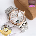 Silver-tone wristwatch angled view, diamond bezel, white dial, metal link bracelet
