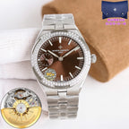 Stainless steel wristwatch with brown dial and diamond-studded bezel