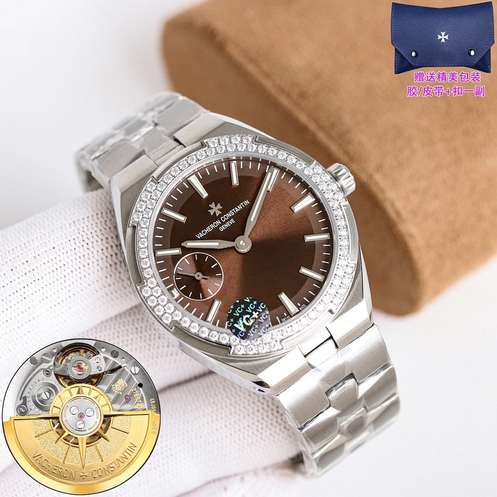 Stainless steel wristwatch angled view with diamond-studded bezel and brown dial