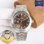 Stainless steel wristwatch with brown dial and steel bracelet
