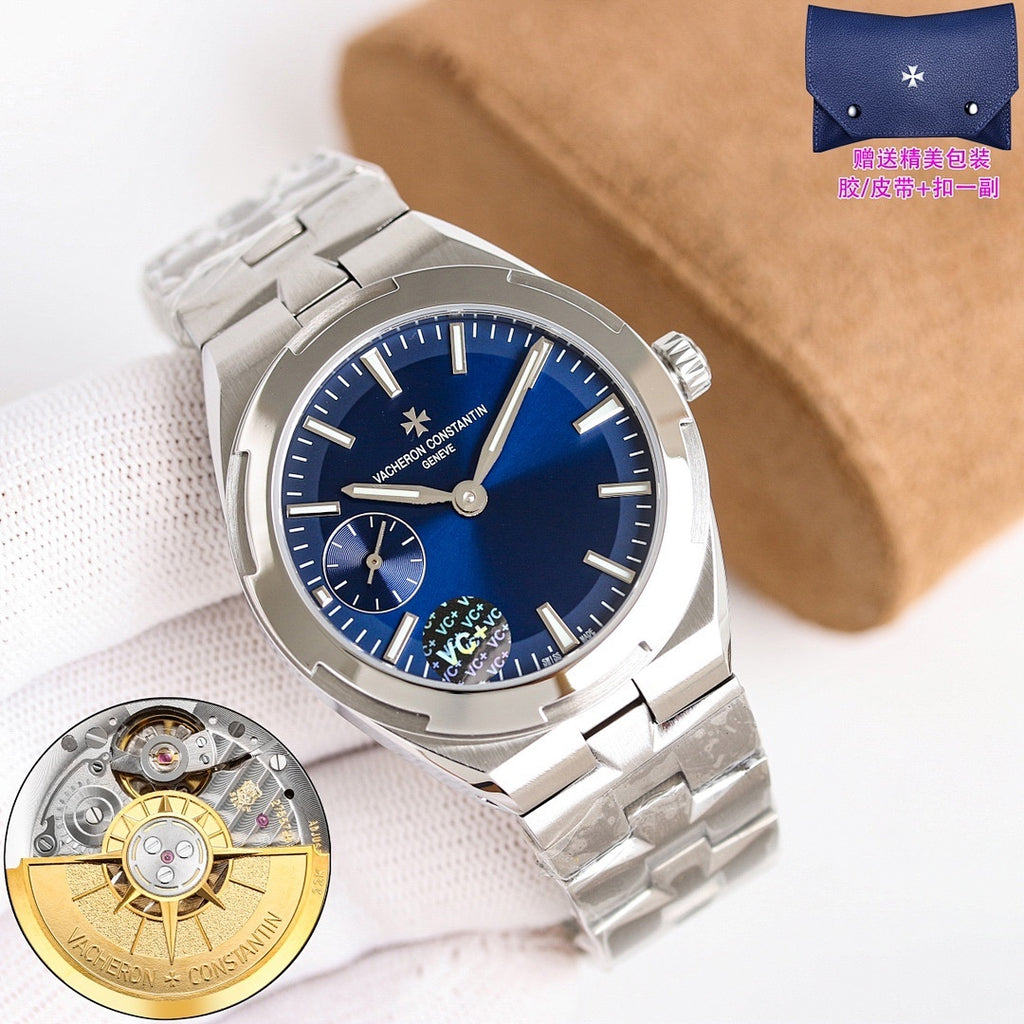 Men's steel wristwatch with deep blue dial and subdial, steel bracelet