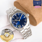 Men's steel wristwatch with deep blue dial and subdial, steel bracelet
