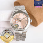 Men's steel wristwatch with light beige dial, subdial, and metal bracelet