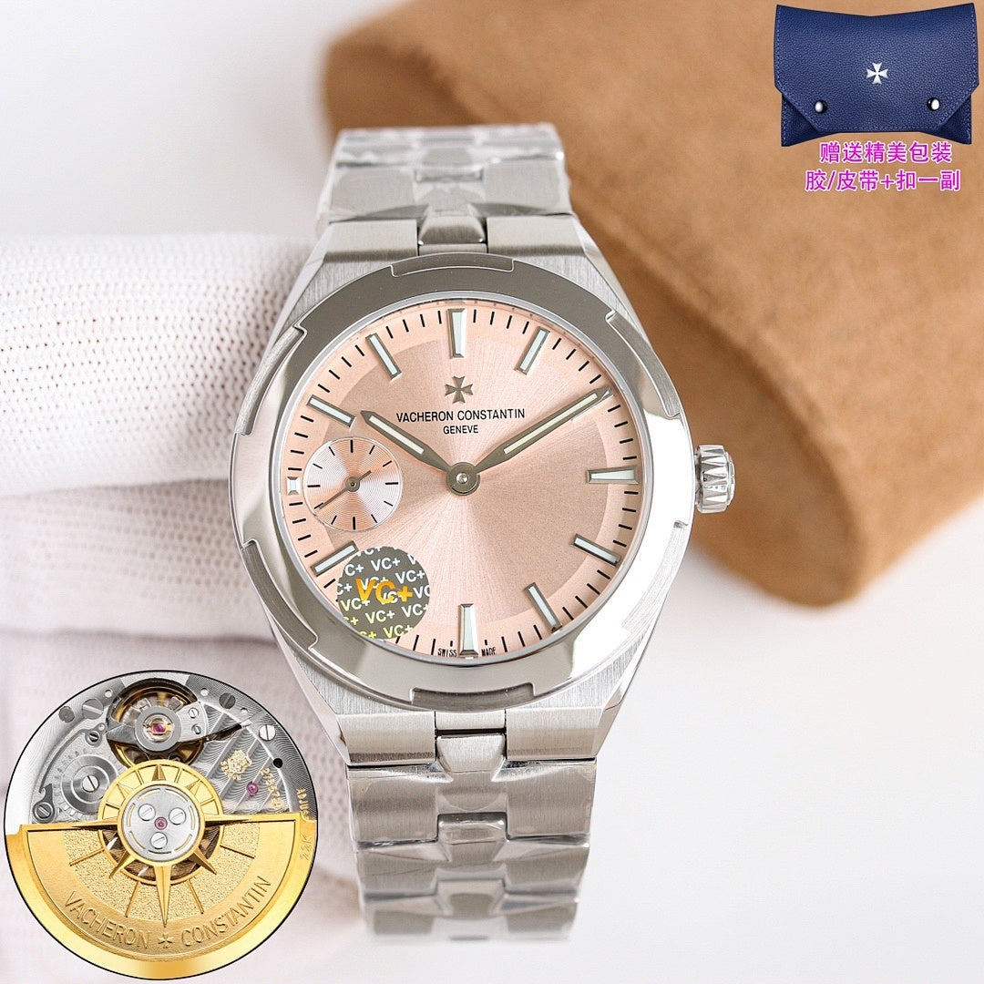 Men's steel wristwatch with light beige dial, subdial, and metal bracelet