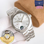 Men's steel wristwatch with white dial and metal bracelet, side profile