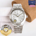 Men's steel wristwatch with white dial, date window, three hands, metal bracelet