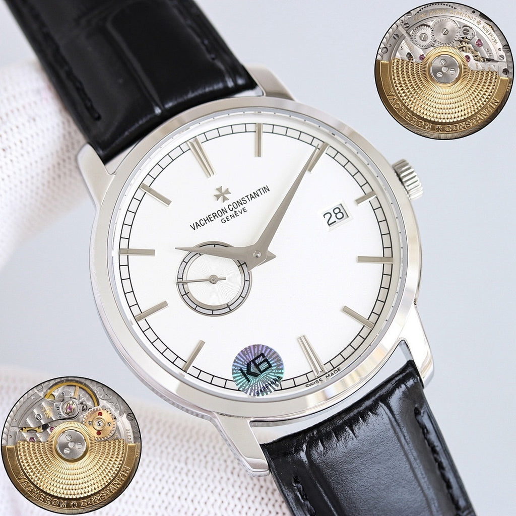 Vacheron Constantin wristwatch with silver case, white dial, and black leather strap