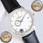 Vacheron Constantin wristwatch with silver case, white dial, and black leather strap