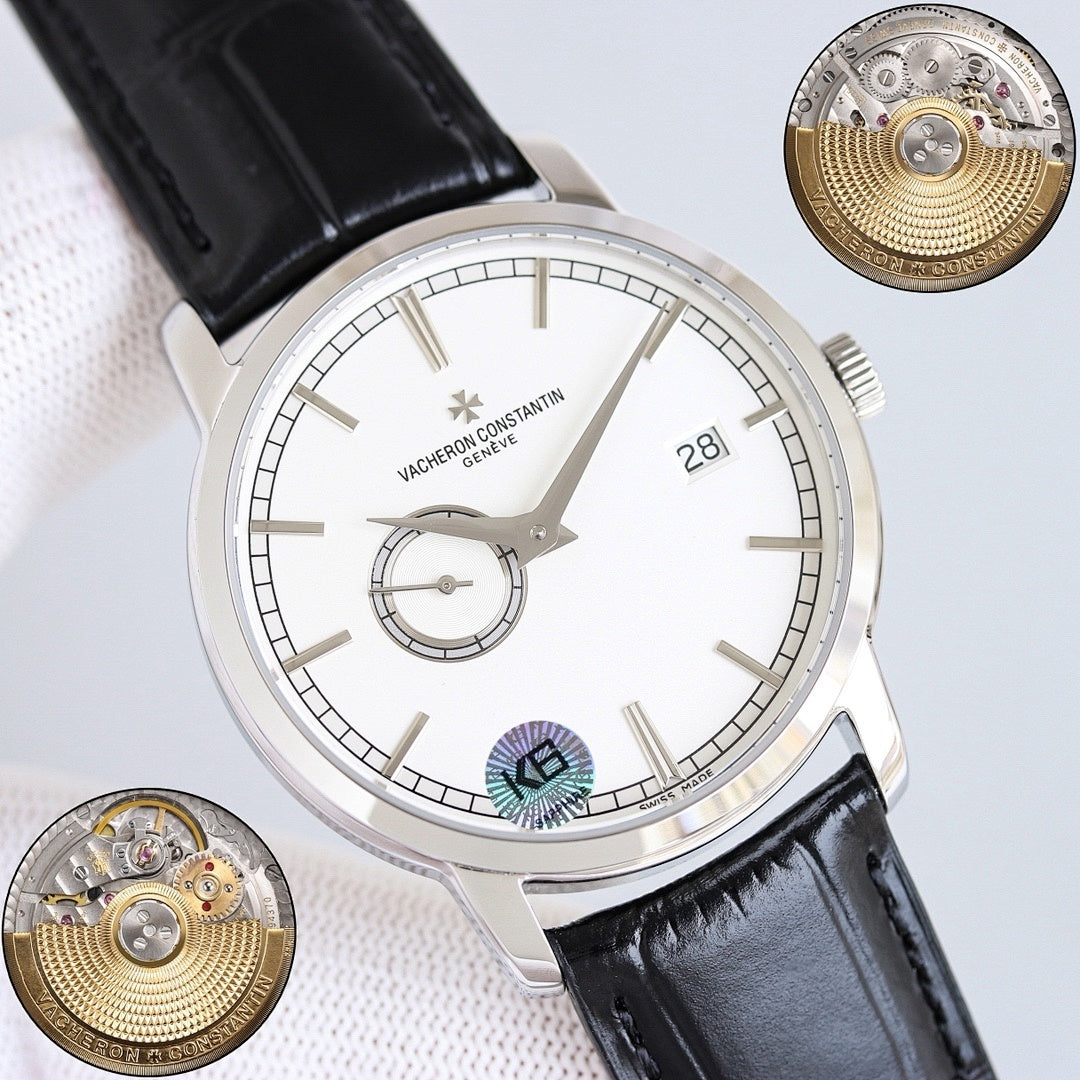 Vacheron Constantin wristwatch with silver case, white dial, and black leather strap