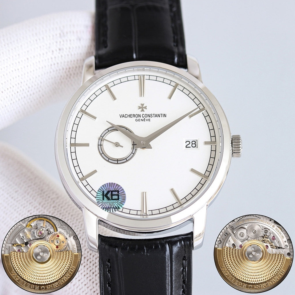 Vacheron Constantin wristwatch with silver case, white dial, and black leather strap