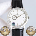 Vacheron Constantin wristwatch with silver case, white dial, and black leather strap