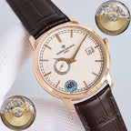 Vacheron Constantin wristwatch with rose gold case, white dial, and brown leather strap