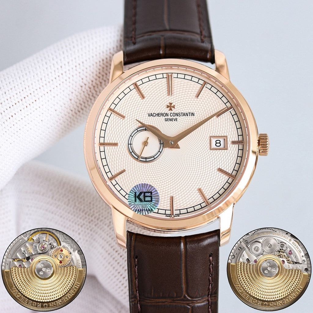 Vacheron Constantin wristwatch with rose gold case, white dial, and brown leather strap