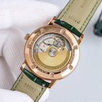Vacheron Constantin wristwatch caseback with visible movement, green leather strap, rose-gold tone
