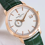 Vacheron Constantin wristwatch with green leather strap, rose-gold case, white dial, date window