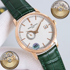 Vacheron Constantin wristwatch with green leather strap, rose-gold case, white dial, movement insets