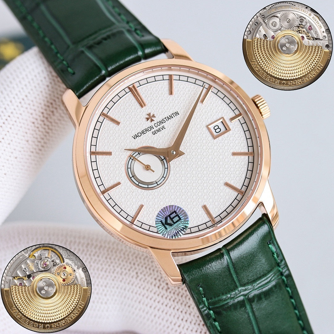 Vacheron Constantin wristwatch with green leather strap, rose-gold case, white dial, movement insets