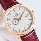 Vacheron Constantin wristwatch with burgundy leather strap, rose-gold case, white dial, date window