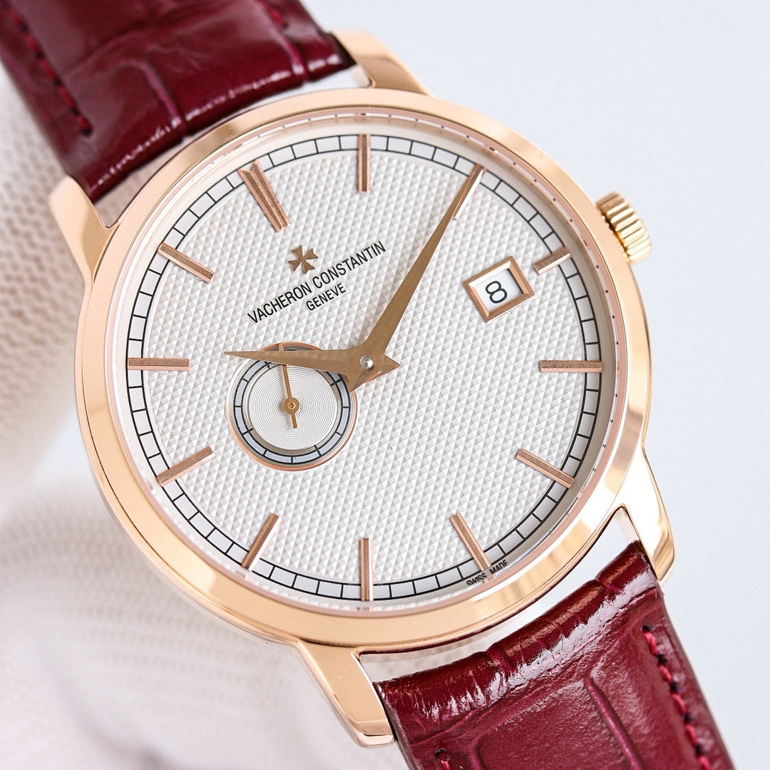 Vacheron Constantin wristwatch with burgundy leather strap, rose-gold case, white dial, date window